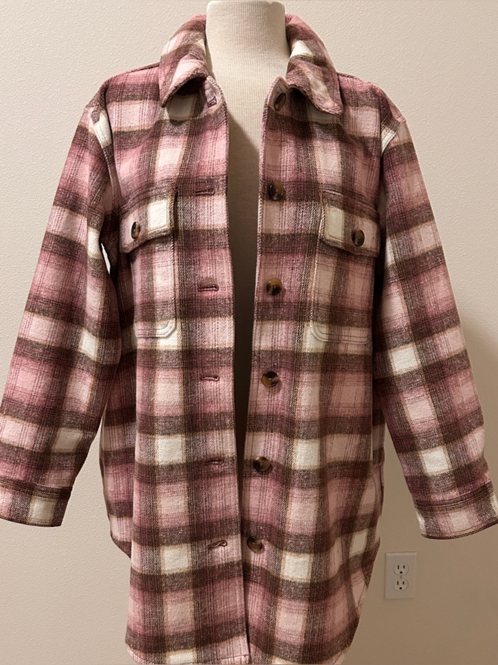 Plaid Pink and Cream Button-Up Shacket from Old Navy